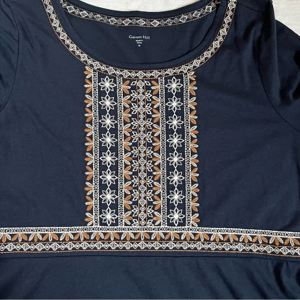 Garnet Hill Embroidered-Bodice Knit Dress, Navy, Medium